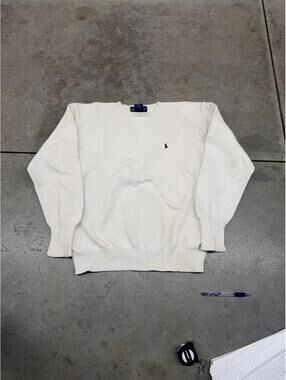 vintage polo ralph lauren white small logo knit sweater size large WOMENS